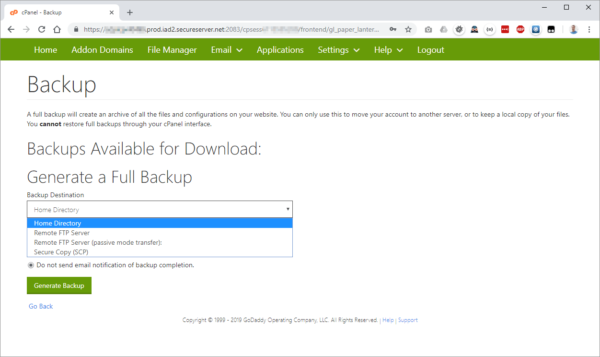CPanel full site backup to a single archive