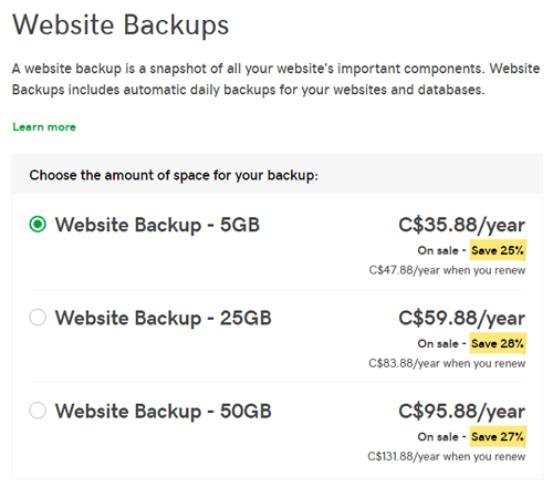 Shared hosting automatic backup pricing