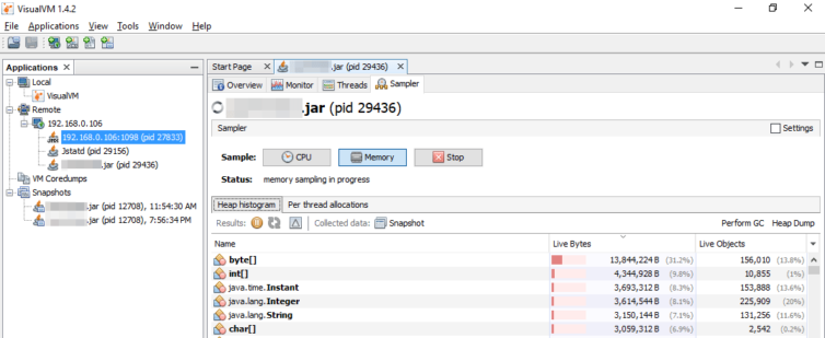 VisualVM heap memory histogram