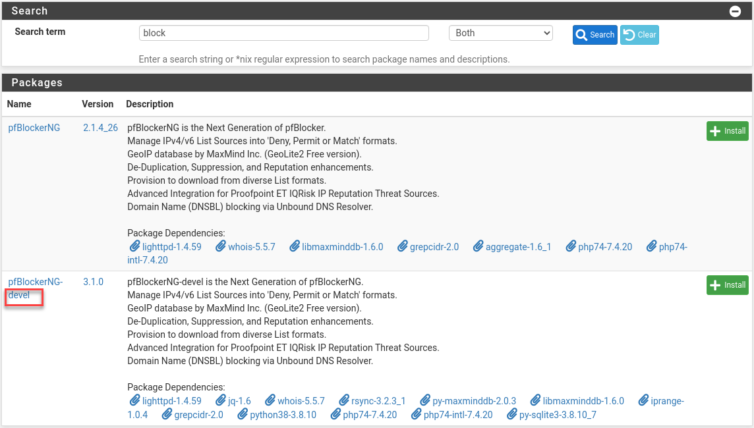 Install pfBlockerNG-devel not the other one