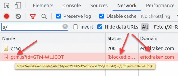 Notice how regex blockers target gtm.js