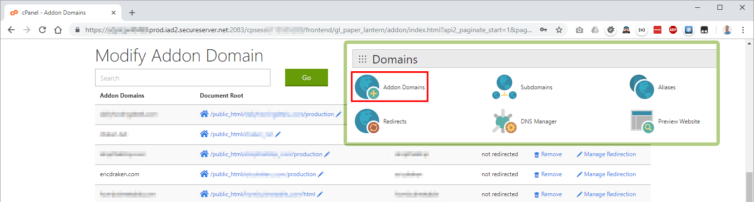 CPanel add-on domains panel