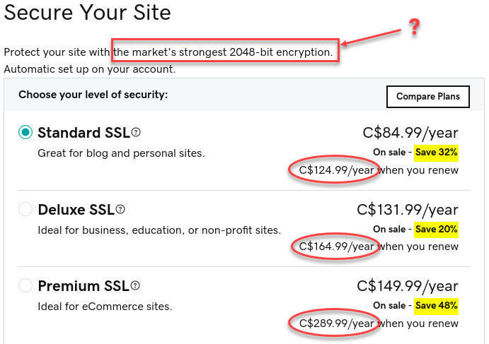 GoDaddy garbage TLS cert pricing