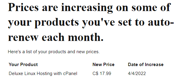 GoDaddy price increase email