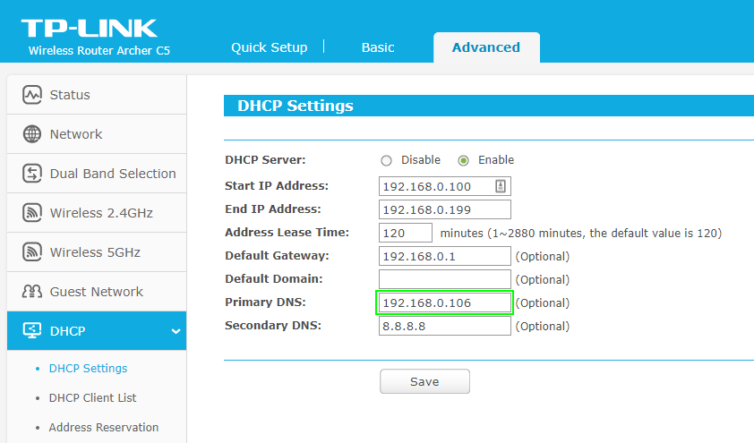 Set the DHCP primary DNS server IP in a TP-LINK router