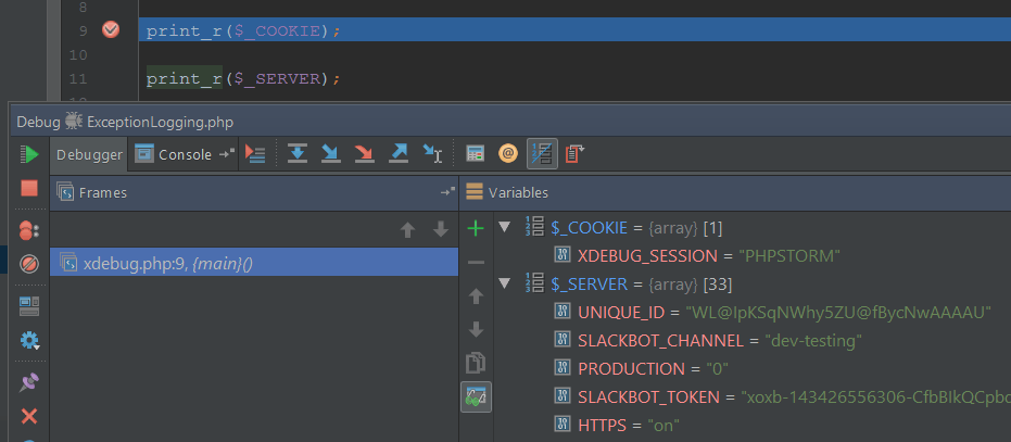 Sample Xdebug breakpoint session