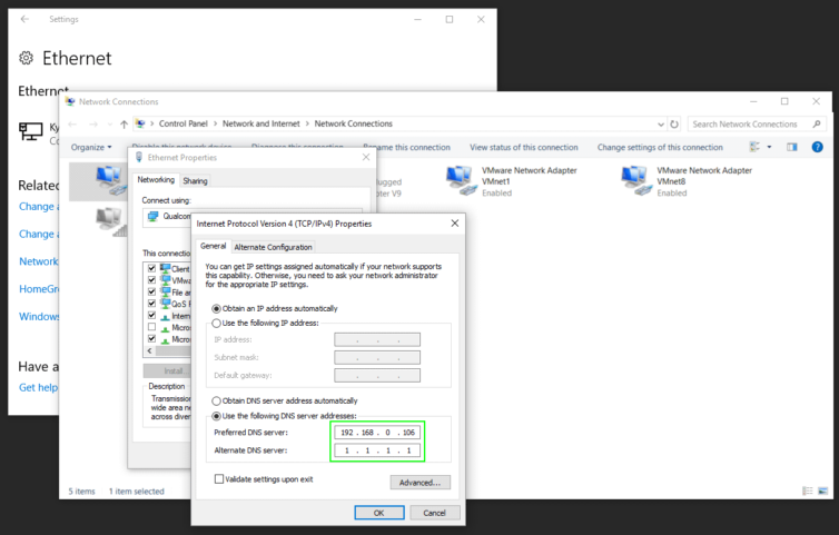 Windows adapter DNS settings